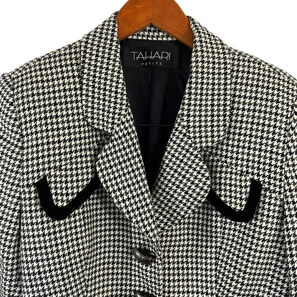 Tahari Cream and Black 100% Wool Houndstooth Pattern Velvet Trim Blazer Size 8 - Picture 3 of 7